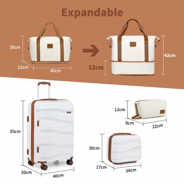 K2094L+EA2212 - Kono 20 Inch Polypropylene Cabin Size Suitcase Included Vanity Case And Weekend Bag and Toiletry Bag 4 Piece Travel Set - Cream