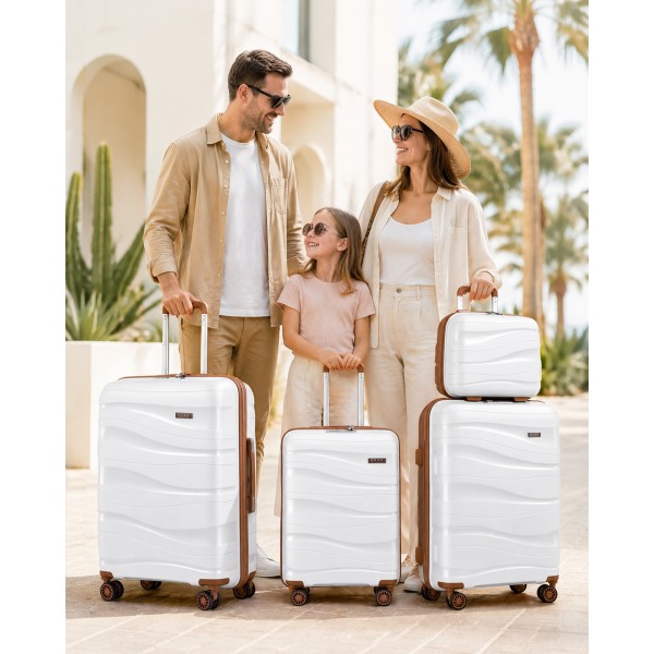 K2094L - Kono Lightweight Polypropylene Hard Shell 4 Piece Suitcase Set With TSA Lock And Vanity Case - Cream