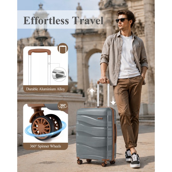 K2094L - Kono 28 Zoll Leicht Polypropylen Hartschalenkoffer Mit TSA-Schloss - Grau und Braun