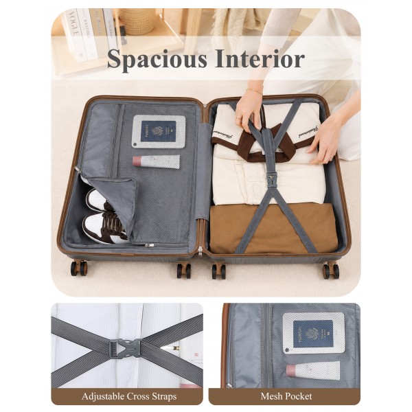 K2094L - Kono 24 Inch Lightweight Polypropylene Hard Shell Suitcase With TSA Lock - Grey And Brown