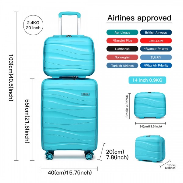 K2094L - Kono 14/20 Inch Lightweight Polypropylene Hard Shell 2 Piece Suitcase Set With TSA Lock And Vanity Case - Blue
