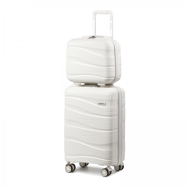 K2094L - Kono 14/20 Inch Lightweight Polypropylene Hard Shell 2 Piece Suitcase Set With TSA Lock And Vanity Case - Cream White
