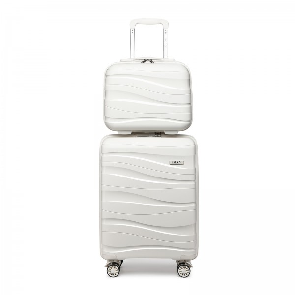 K2094L - Kono 14/20 Inch Lightweight Polypropylene Hard Shell 2 Piece Suitcase Set With TSA Lock And Vanity Case - Cream White