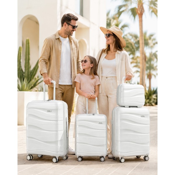 K2094L - Kono Lightweight Polypropylene Hard Shell 4 Piece Suitcase Set With TSA Lock And Vanity Case - Cream White