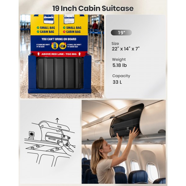 K2191L - Kono 19 Inch Cabin Size Carry On Suitcase - Streamlined Lightweight ABS Hardshell with Secure TSA Lock - Black