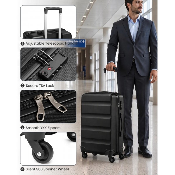 K2191L - Kono 28 Inch Check in Luggage - Streamlined ABS Hardshell Suitcase with Secure TSA Lock - Black