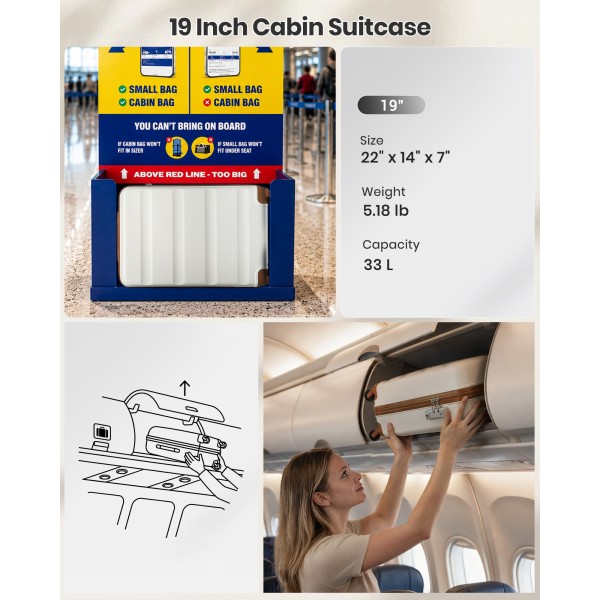K2191L - Kono 19 Inch Cabin Size Carry On Suitcase - Streamlined Lightweight ABS Hardshell with Secure TSA Lock - Cream