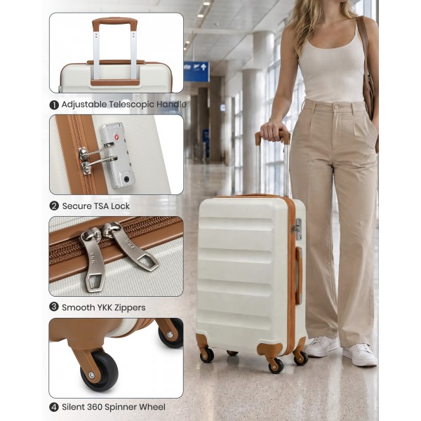 K2191L - Kono 3-Piece Lightweight ABS Hardshell Suitcase Set - 19, 24, 28 Inch with Secure TSA Lock - Cream
