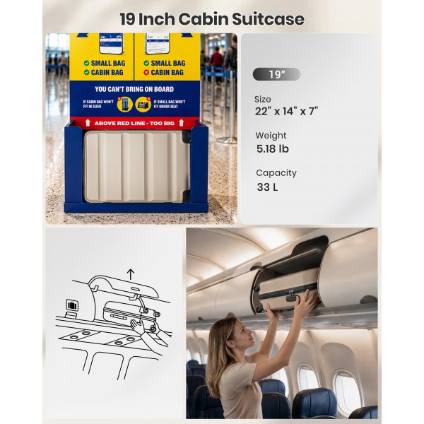 K2191L - Kono 19 Zoll Kabinengröße Handgepäckkoffer - Stromlinienförmig Leichtes Gewicht ABS Hardshell mit Sicher TSA-Schloss - Gold
