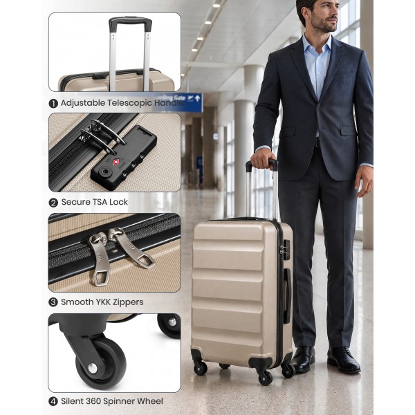K2191L - Kono 3-Piece Lightweight ABS Hardshell Suitcase Set - 19, 24, 28 Inch with Secure TSA Lock - Gold