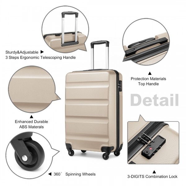 K2191L - Kono 19 Inch Cabin Size Carry On Suitcase - Streamlined Lightweight ABS Hardshell with Secure TSA Lock - Gold