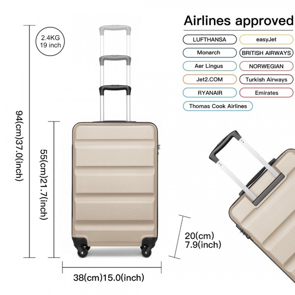 K2191L - Kono 19 Inch Cabin Size Carry On Suitcase - Streamlined Lightweight ABS Hardshell with Secure TSA Lock - Gold
