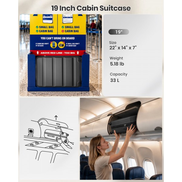 K2191L - Kono 19 Inch Cabin Size Carry On Suitcase - Streamlined Lightweight ABS Hardshell with Secure TSA Lock - Grey