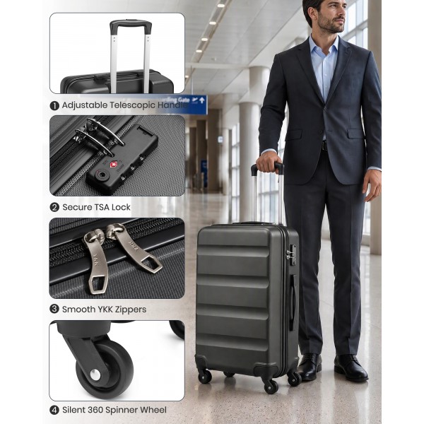 K2191L - Kono 3-Piece Lightweight ABS Hardshell Suitcase Set - 19, 24, 28 Inch with Secure TSA Lock - Grey