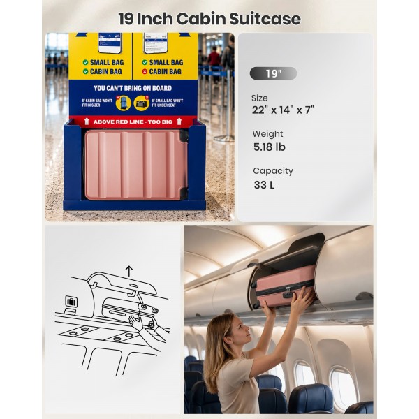 K2191L - Kono 19 Zoll Kabinengröße Handgepäckkoffer - Stromlinienförmig Leichtes Gewicht ABS Hardshell mit Sicher TSA-Schloss - Nude