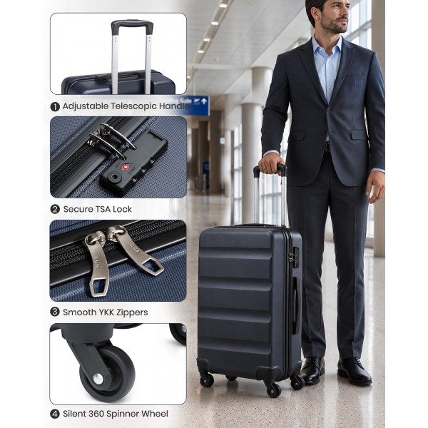 K2191L - Kono 3-Piece Lightweight ABS Hardshell Suitcase Set - 19, 24, 28 Inch with Secure TSA Lock - Navy