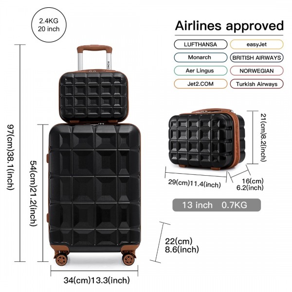 K2292L - Kono 13/20 Inch Lightweight Hard Shell ABS Cabin Suitcase With TSA Lock And Vanity Case - Black And Brown