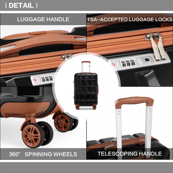 K2292L - Kono Leichtgewicht Hartschalen-ABS-Koffer Mit TSA-Schloss und Schminkkoffer 4teiliges Set - Schwarz und Braun
