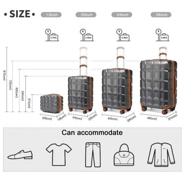 K2292L - Kono Lightweight Hard Shell ABS Suitcase With TSA Lock And Vanity Case 4 Piece Set - Grey