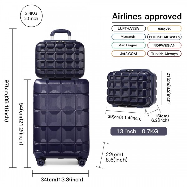 K2292L - Kono 13/20 Inch Lightweight Hard Shell ABS Cabin Suitcase With TSA Lock And Vanity Case - Navy