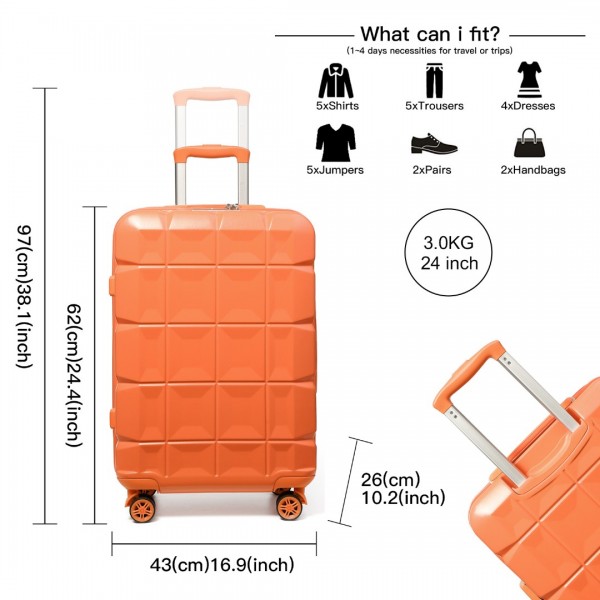 K2292L - Kono 24 Inch Lightweight Hard Shell ABS Suitcase With TSA Lock - Orange