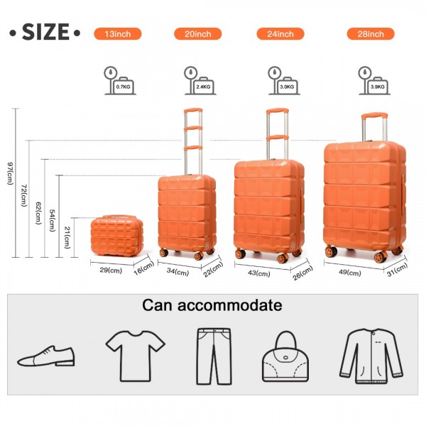 K2292L - Kono Lightweight Hard Shell ABS Suitcase With TSA Lock And Vanity Case 4 Piece Set - Orange