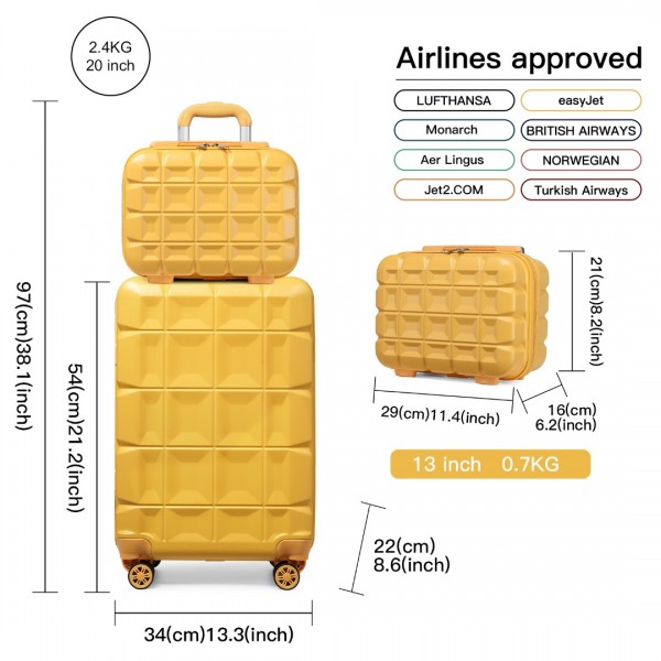 K2292L - Kono 13/20 Inch Lightweight Hard Shell ABS Cabin Suitcase With TSA Lock And Vanity Case - Yellow