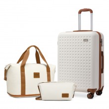 K2394L+EA2212 - Kono 20 Inch ABS Carry On Cabin Suitcase 3 Piece Travel Set with Weekend and Toiletry Bag - Cream