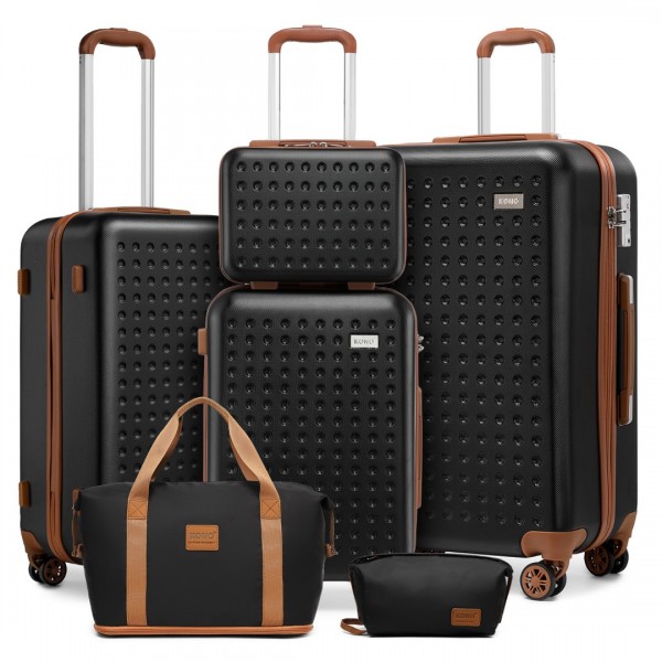 K2394L+EA2212 - Kono 6 Piece ABS Travel Set with Hard Shell Suitcase Vanity Case Weekend Bag and Toiletry Bag - Black