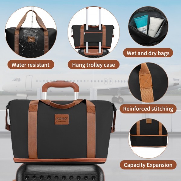 K2394L+EA2212 - Kono 6 Piece ABS Travel Set with Hard Shell Suitcase Vanity Case Weekend Bag and Toiletry Bag - Black