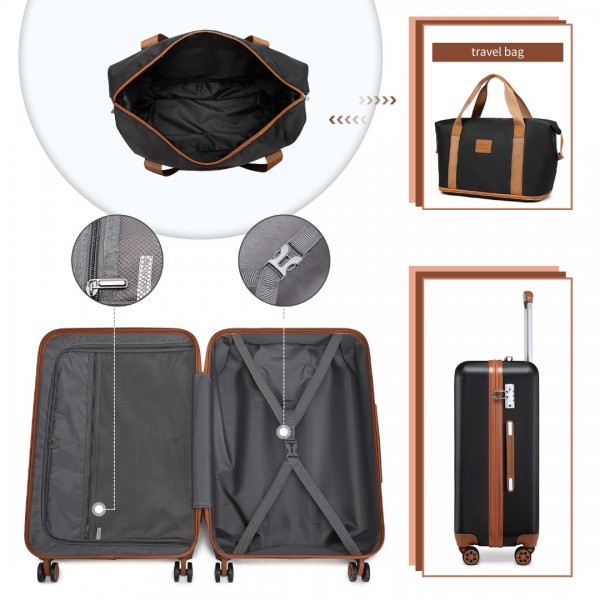K2394L+EA2212 - Kono 6 Piece ABS Travel Set with Hard Shell Suitcase Vanity Case Weekend Bag and Toiletry Bag - Black