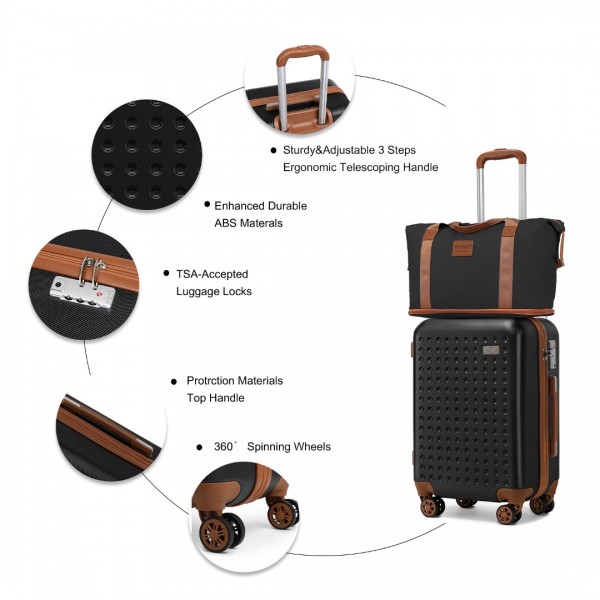 K2394L+EA2212 - Kono 6 Piece ABS Travel Set with Hard Shell Suitcase Vanity Case Weekend Bag and Toiletry Bag - Black