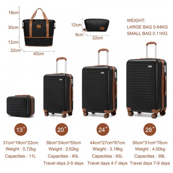 K2394L+EA2212 - Kono 6 Piece ABS Travel Set with Hard Shell Suitcase Vanity Case Weekend Bag and Toiletry Bag - Black
