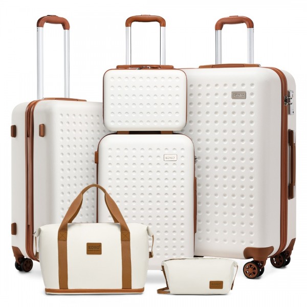 K2394L+EA2212 - Kono 6 Piece ABS Travel Set with Hard Shell Suitcase Vanity Case Weekend Bag and Toiletry Bag - Cream
