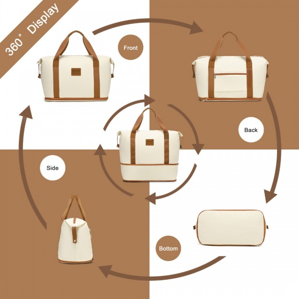 K2394L+EA2212 - Kono 6 Piece ABS Travel Set with Hard Shell Suitcase Vanity Case Weekend Bag and Toiletry Bag - Cream