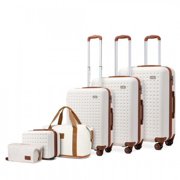 K2394L+EA2212 - Kono 6 Piece ABS Travel Set with Hard Shell Suitcase Vanity Case Weekend Bag and Toiletry Bag - Cream