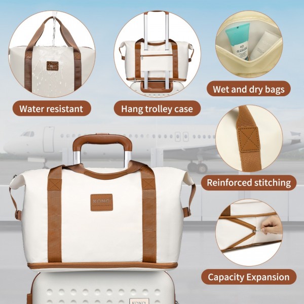 K2394L+EA2212 - Kono 6 Piece ABS Travel Set with Hard Shell Suitcase Vanity Case Weekend Bag and Toiletry Bag - Cream