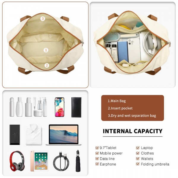 K2394L+EA2212 - Kono 6 Piece ABS Travel Set with Hard Shell Suitcase Vanity Case Weekend Bag and Toiletry Bag - Cream