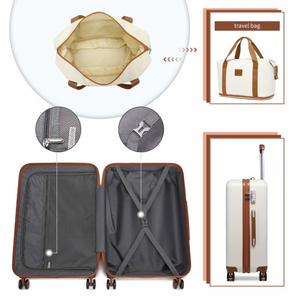 K2394L+EA2212 - Kono 6 Piece ABS Travel Set with Hard Shell Suitcase Vanity Case Weekend Bag and Toiletry Bag - Cream