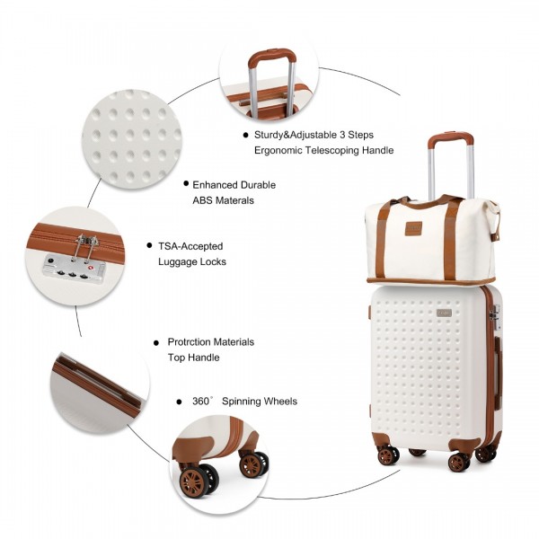 K2394L+EA2212 - Kono 6 Piece ABS Travel Set with Hard Shell Suitcase Vanity Case Weekend Bag and Toiletry Bag - Cream