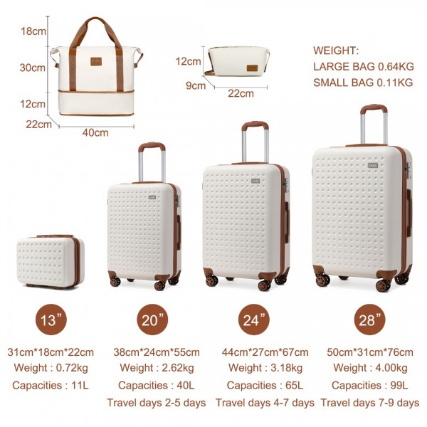 K2394L+EA2212 - Kono 6 Piece ABS Travel Set with Hard Shell Suitcase Vanity Case Weekend Bag and Toiletry Bag - Cream