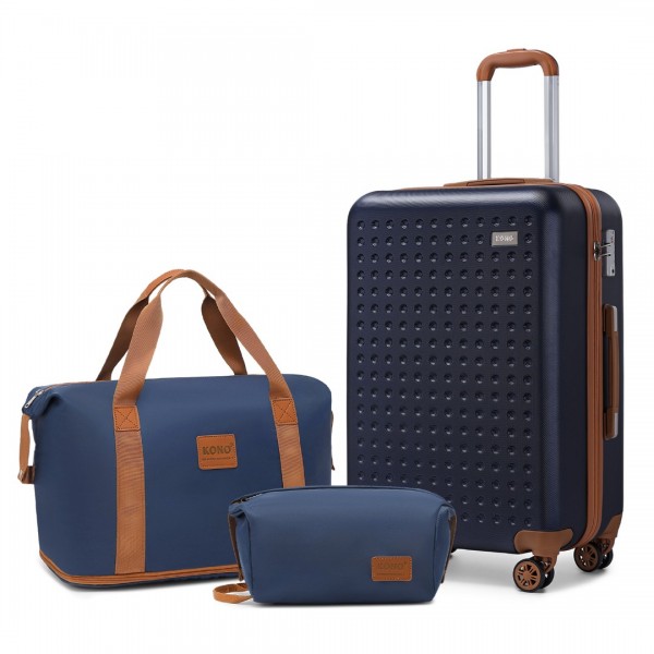 K2394L+EA2212 - Kono 20 Inch ABS Carry On Cabin Suitcase 3 Piece Travel Set with Weekend and Toiletry Bag - Navy