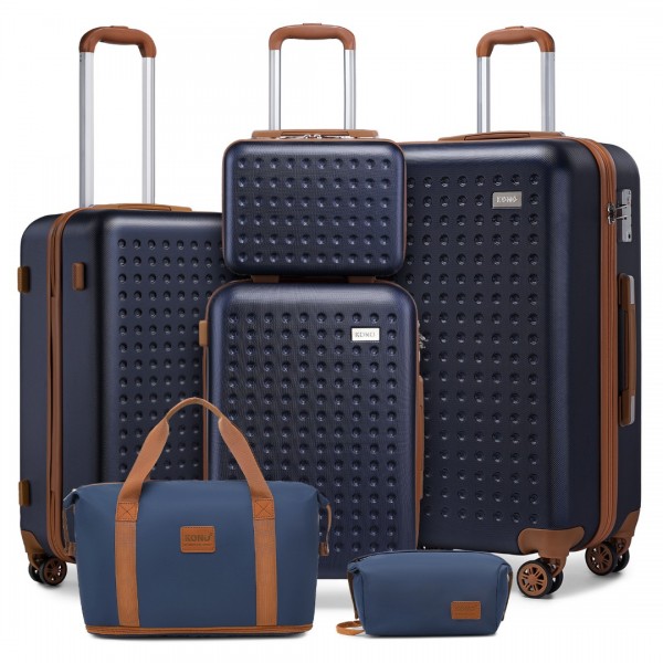 K2394L+EA2212 - Kono 6 Piece ABS Travel Set with Hard Shell Suitcase Vanity Case Weekend Bag and Toiletry Bag - Navy