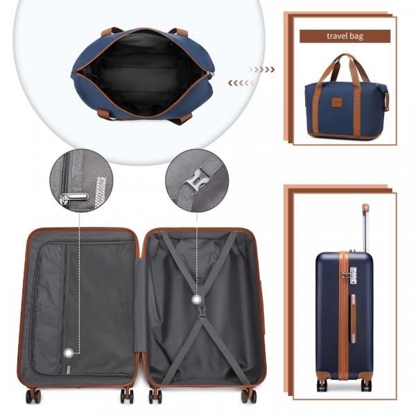 K2394L+EA2212 - Kono 6 Piece ABS Travel Set with Hard Shell Suitcase Vanity Case Weekend Bag and Toiletry Bag - Navy