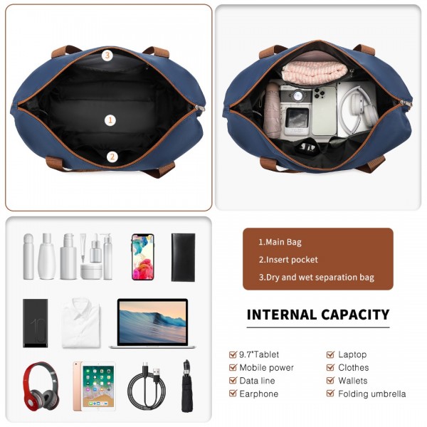 K2394L+EA2212 - Kono 6 Piece ABS Travel Set with Hard Shell Suitcase Vanity Case Weekend Bag and Toiletry Bag - Navy