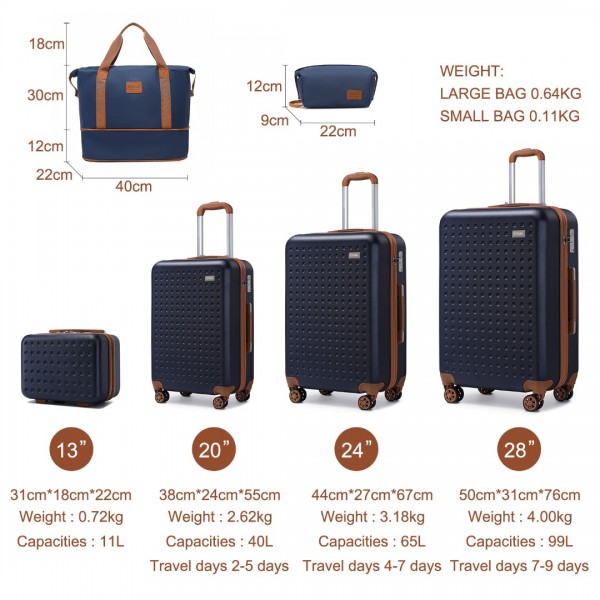 K2394L+EA2212 - Kono 6 Piece ABS Travel Set with Hard Shell Suitcase Vanity Case Weekend Bag and Toiletry Bag - Navy