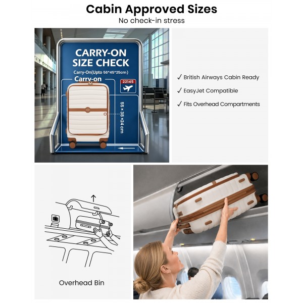 KSK2592 - Kono 21-Inch Front-Opening Cabin Suitcase with 15.6-Inch Laptop Compartment - Cream and Brown