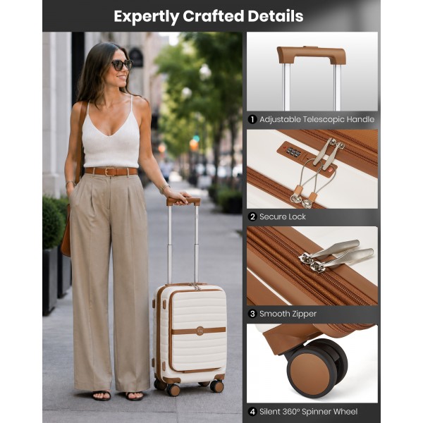 KSK2592 - Kono 21-Inch Front-Opening Cabin Suitcase with 15.6-Inch Laptop Compartment - Cream and Brown