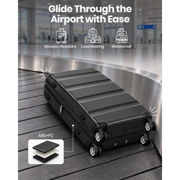 KSK2482 - Kono 24 Inch Expandable Horizontal Engraved Hard Shell ABS+PC Check-In Suitcase with TSA Lock - Black