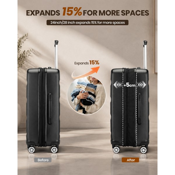 KSK2482 - Kono 24 Inch Expandable Horizontal Engraved Hard Shell ABS+PC Check-In Suitcase with TSA Lock - Black